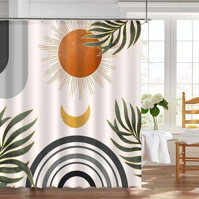 Boho Mid Century Shower Curtain, Bohemian Minimalist Simple Aesthetic Modern Bathroom Decor, Colorful Rainbow Sun Moon Natural Botanical Leaves Fabric Cloth Bath Curtain (Boho Black, 84x72 Inches)