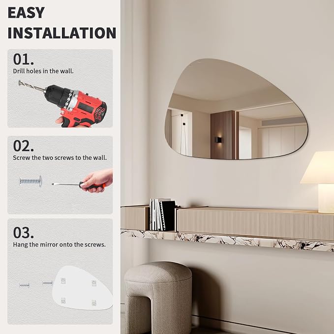 Niccy Irregular Mirror, 24"x40" Asymmetrical Bathroom Mirror, Decorative Modern Mirrors for Bathroom, Bedroom, Living Room, Entryway, Frameless Vanity Mirror, Unique Wall Mounted