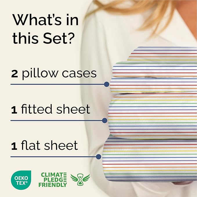 Rainbow Striped Sheet Set - Colorful Striped Bed Set - 1 Flat & 1 Fitted Sheet & 2 Pillowcases w/ Deep Pockets - Wrinkle & Fade Resistant - Soft, Breathable and Cooling - Rainbow Bedding - Queen Size