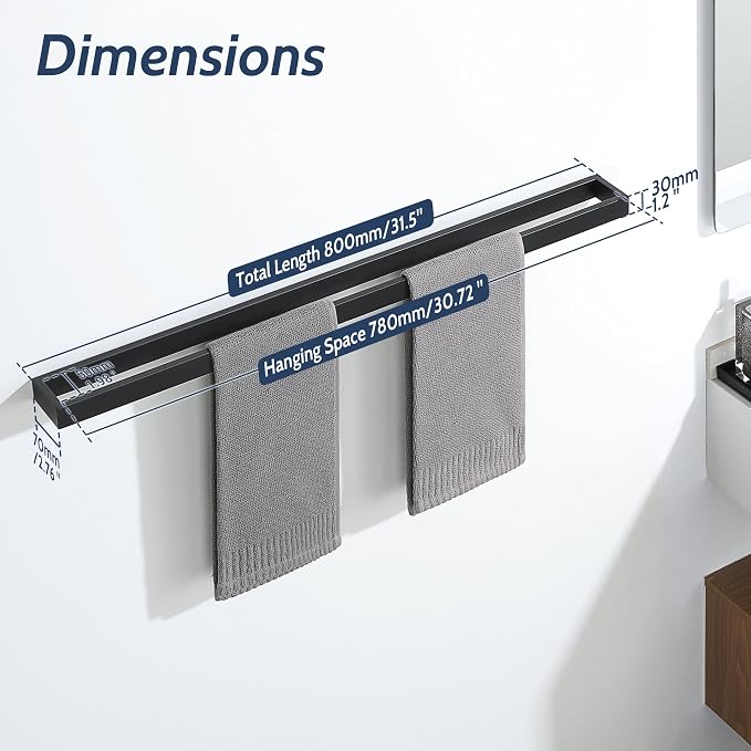 Sayayo Matte Black Towel Bar for Bathroom, 31.5 Inch Hand Towel Holder Wall Mount Square Towel Ring SUS304 Stainless Steel Towel Rack