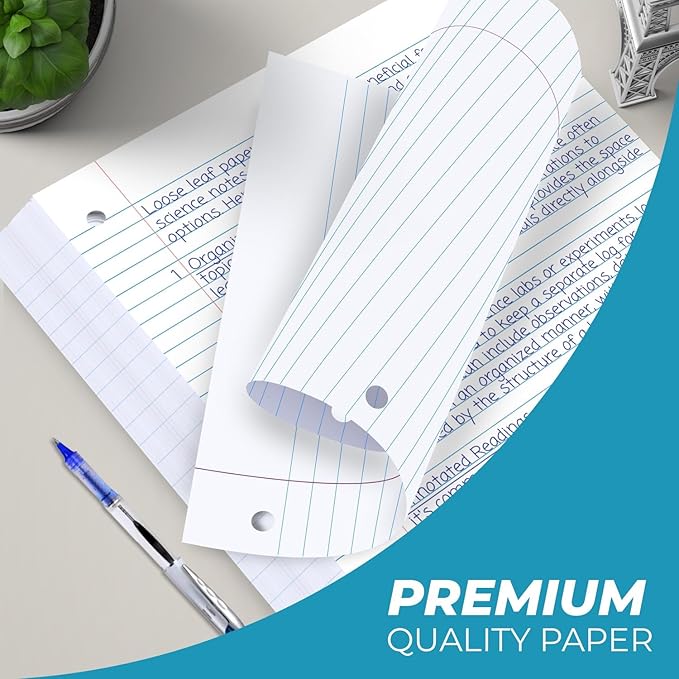 Rosmonde 6 Pack Loose Leaf Paper, 900 Sheets, College Ruled, 8" x 10.5", 56 gsm Bulk Office Filler Paper, 150 Sheets/Pack, 3 Hole Punched, College Ruled Paper for 3 Ring Binder, Notebook Paper, White