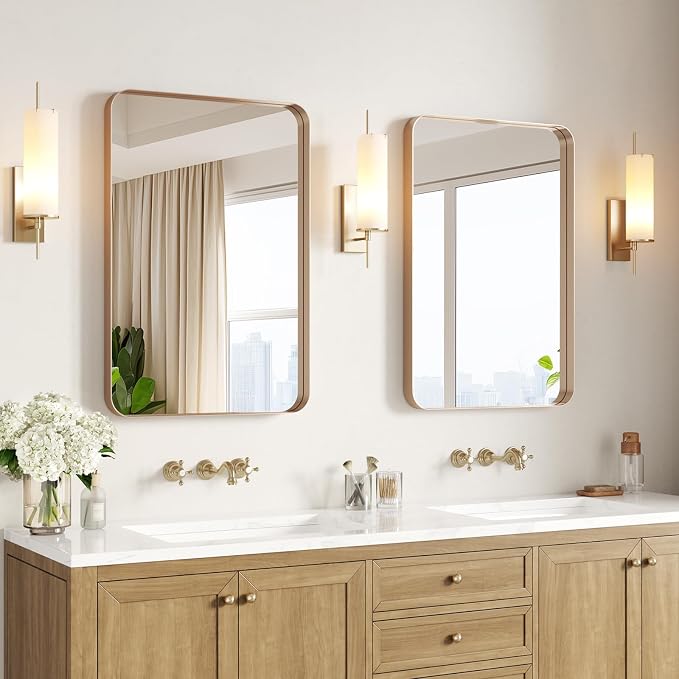USHOWER Gold Bathroom Mirrors 22"x30" 2 Pack, Brushed Gold Rounded Rectangle Mirrors for Over Sink, Aluminum Frame, Anti-Rust, Tempered Glass, Horizontal or Vertical Mounted