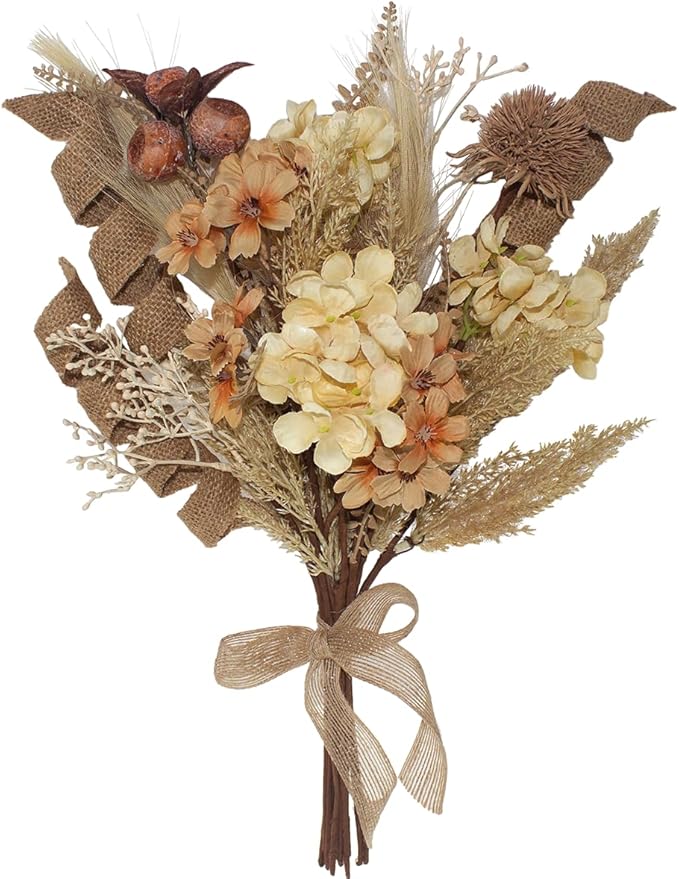 18Pcs Boho Faux Fall Dried Pampas Grass Silk Hydrangea Flowers Bouquets Fall Decor, Fake Autumn Thanksgiving Harvest Stems Fall Picks Branches Floral Arrangements for Vase 18"