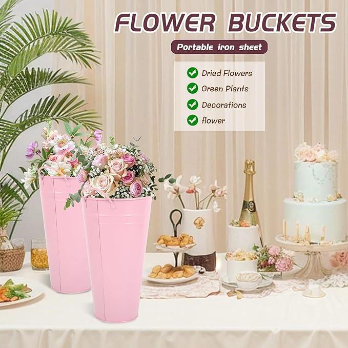 Flower Bucket for Flower Bar, 6 Pcs 10.2 Inch Metal Vases with Handles, Leak-Proof Pink French Buckets for Valentine's Day, Wedding Centerpieces, Baby Shower, Mother's Day, Farmhouse Rustic Home Decor