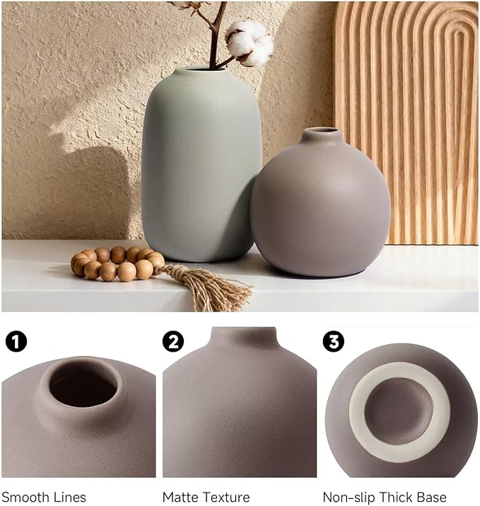 Christmas Ceramic Flower Vases, Modern Farmhouse Neutral-Colored Xmas Gift Decorative Vases for Dried Fresh Flowers, Home Decor for Table，Living Room，Shelf (Set of 3)