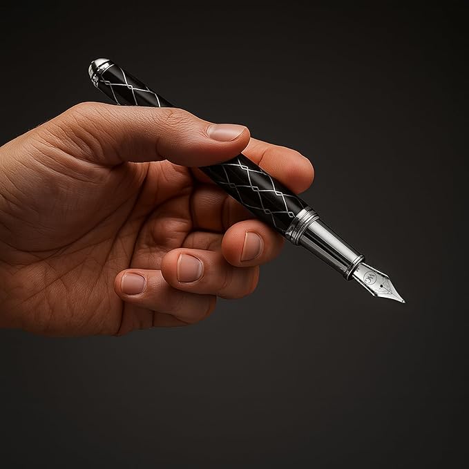 Webson Gill ‘The Weaver’ Black Luxury Executive Fountain Pen, Polished Lacquer & Chrome, Medium Nib, Smudge Free No Bleed, Use Any Fountain Ink w/Included Converter, Fits Cartridges (sold separately)