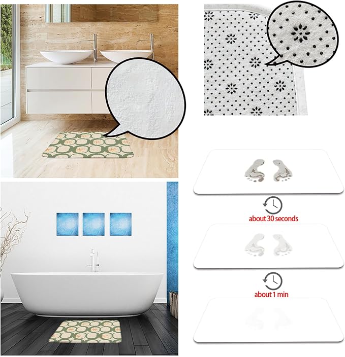 Mid Century Modern Bath Mat Abstract Atomic Geometric Retro 1950s Sage Green Bathroom Kitchen Toilet Rugs,16x24 Inch