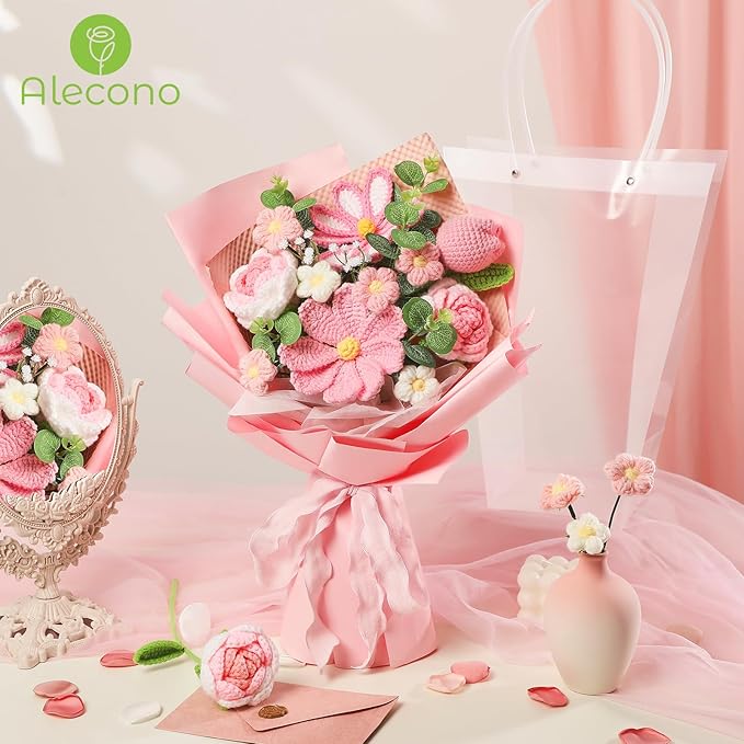 Alecono Crochet Flower Bouquet, Pink Knitted Flowers, Crochet Tulip Galsang Flower for Lover Anniversary Birthday Party Mother's Day Graduation Gifts (Include Card)