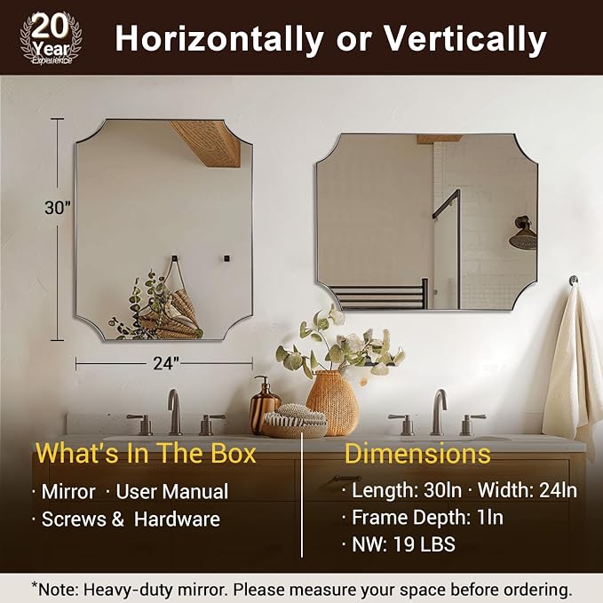 ANDY STAR 24"x30" Brushed Nickel Vanity Mirror, Scalloped Rectangle Mirror, Silver Wall Mirror in Rustproof Stainless Steel Thin Frame, Aesthetic Scalloped Corners, Designed for Bathroom Remodel