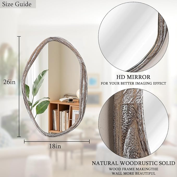 JJUUYOU Large Asymmetrical Mirrors Irregular Bathroom Wall Mirror 26"x18" Wooden Frame Modern Decorative Mirror for Makeup Bathroom Living Room,Brown