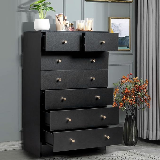 Karl home Black 7 Drawer Dresser for Bedroom, Tall Dresser Chest of Drawers, Wood Bedroom Dressers Clothes Organizer, Anti-Tipping Device, Rose Gold Metal Handle, Living Room, Entryway, Office