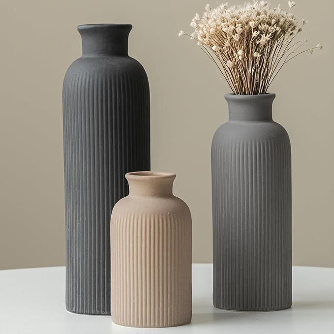 Modern Ceramic Vase Set, Black Ribbed Matte Design, 3-Piece Decorative Vases for Home, Living Room, Office (Black Mix)