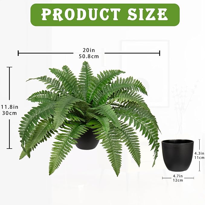 Fake Fern Potted Plant Artificial Boston Ferns in Pot 35 Leaves for Outdoors & Indoor Faux Fern Bush Plant 20inch for Patio Garden Farmhouse Windowsill Office Living Room Decoration Home Decor