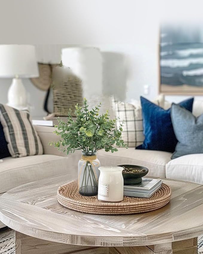 Eucalyptus Stems in Glass Vase with Faux Water, 14" Eucalyptus Fake Plants for Home Bathroom Office Kitchen Farmhouse Shelf Centerpiece Coffee Table Decor(Gray Vase)