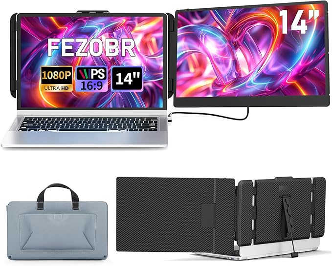 FEZOBR Laptop Screen Extender, 14" FHD 1080P IPS Laptop Monitor Extender Dual Screen, Travel Monitor for 13-17" Laptops with USB-C/HDMI Port, Plug and Play for Windows/Mac/Android