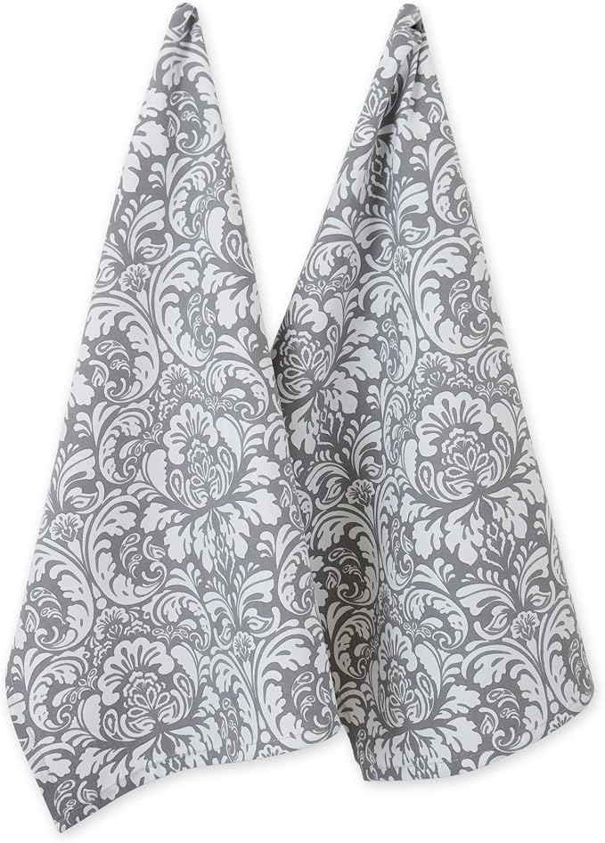 DII Cotton Dish Towel Set Damask Print, 18x28, Gray, 2 Count