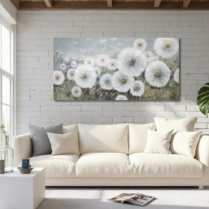 Ardemy Flower Wall Art Canvas Dandelion Painting White Floral Picture, Textured Extra Large Framed for Living Room Bedroom Kitchen Dining Room Home Office Decor 58"x29"