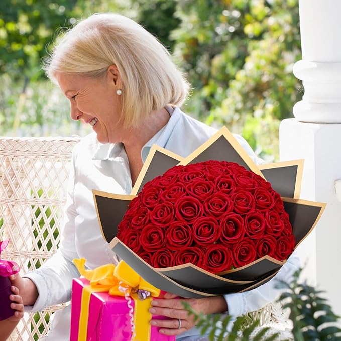 Waipfaru Red Roses Artificial Flowers Bulk, Real Touch Velvet Roses with Wrapping Paper, 50 Pcs Fake Flowers for Wedding Centerpieces Bridal Bouquet Valentines Mothers Day Decor