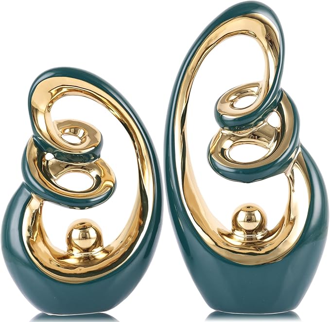 Teal Ceramic Abstract Sculpture Statue,Mid Century Modern Gold Accent Decor,Porcelain Statues Art Deco Gold Show Piece for Home - Contemporary Tv Stand End Table Centerpieces (Green Gold)