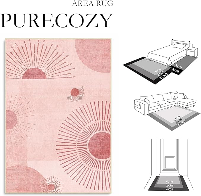 8x10 Large Area Rug for Living Room Sun Rug Mid Century Modern Rugs Machine Washable Boho Geometric Rug Non Slip Printed Low Pile Indoor Floor Carpet for Dining Room Bedroom Office,Pink