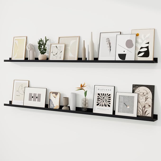 RICHFOCUS Picture Ledge Shelf, 72 inch Floating Shelves Set of 2, Wood Wall Shelves with Lip, Wall Decor Storage for Bedroom Living Room Bathroom Kitchen Nursery Photo Picture, Black
