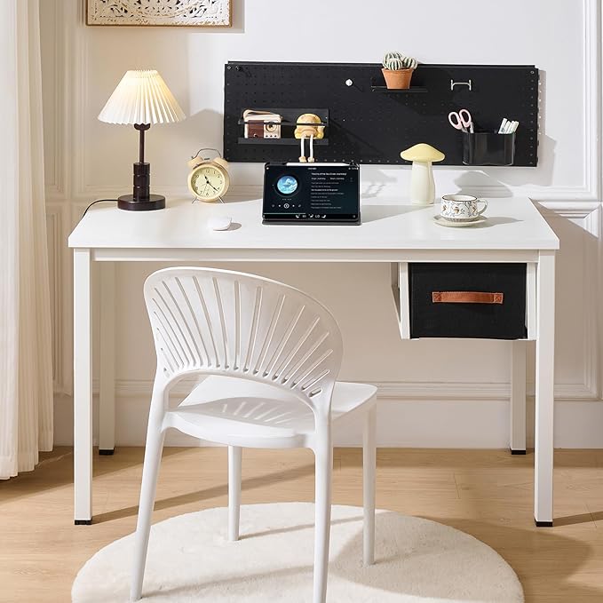 White Computer Desk with Drawer, 47 Inch Home Office Work Desks, Modern Writing Study PC Desk Gaming Table for Small Place Bedroom, Thickened Tabletop and Stable Metal Frame Leg Support