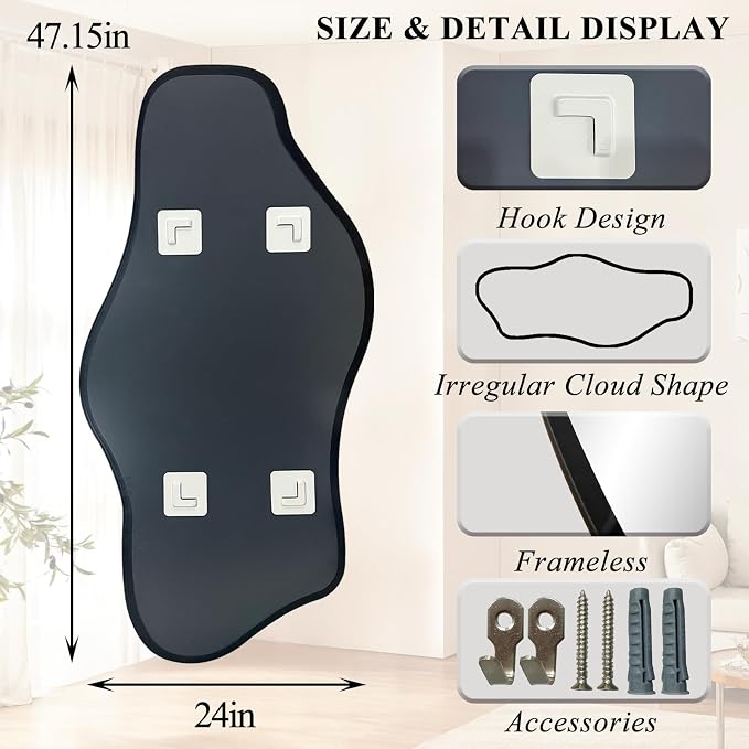 Irregular Wall Mirror, 47.2"x24" Asymmetrical Tempered Glass Mirror, Frameless Organic Shaped Mirrors for Entryway Bedroom Living Room Bathroom, Horizontal or Vertical Hanging