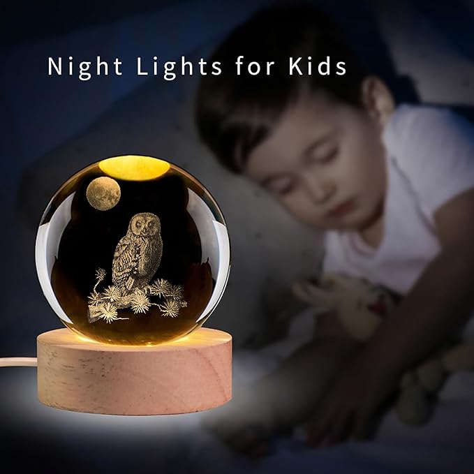3D Laser Etched Owl Crystal Ball with LED Stand, Glass Owl Animal Figurine Lamp Night Light Gifts for Women Kids(2.4 in)