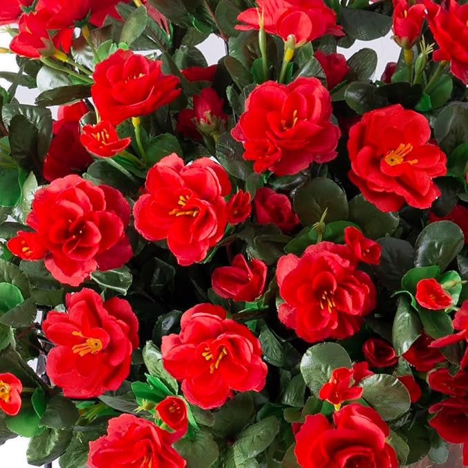 Ivydale Artificial Faux Red Flowers Plants for Outdoor Outside Winter Christmas Decor, Fake Silk Camellia UV Resistant Look Real for Planter Porch Patio Balcony Garden Table Indoor, 3 Large Bundles