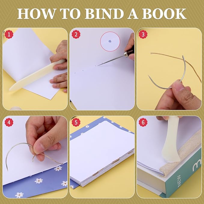 JUPEAN Book Binding Kits 24 Pcs Bookbinding kit Bookbinding Supplies with Bone Folders Tool Binding Ribbon Waxed Thread for Beginners