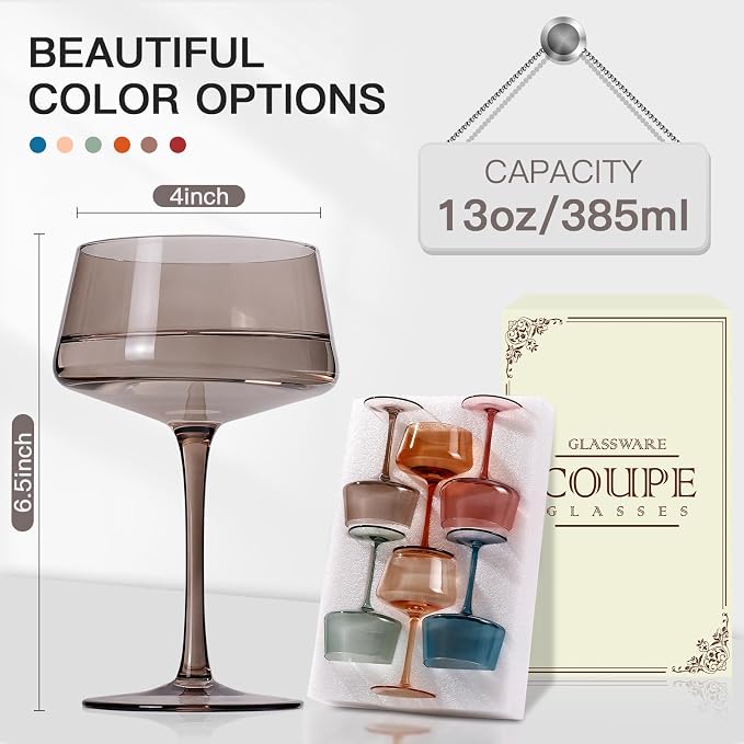 JOVGANK Colored Coupe Glasses Set of 6, Hand Blown Colorful Martini Glasses 13Oz, Champagne & Cocktail Luxury Glasses, Bar Manhattan and New Year Glass, Mother's Day Gift for Ice Cream Dessert