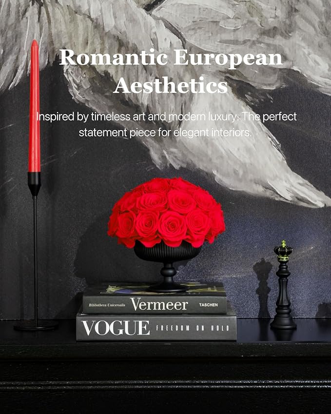 JoyFlower Preserved Flowers Vase Ceramic Decor, Red Eternal Flower Vases for Centerpieces, Forever Flower Decorations for Party Home Wedding Table Living Room Bedroom, Ceramic Flower Vase House Decor