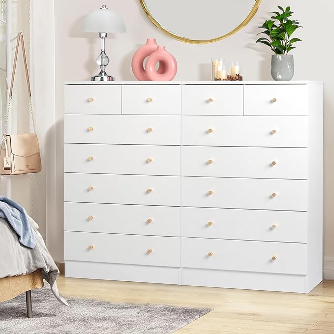 Karl home White 7 Drawer Dresser for Bedroom, Tall Dresser Chest of Drawers, Wood Bedroom Dressers Clothes Organizer, Anti-Tipping Device, Rose Gold Metal Handle, Living Room, Entryway, Office