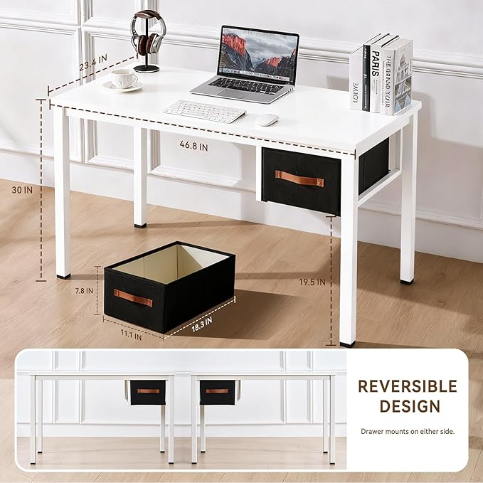 White Computer Desk with Drawer, 47 Inch Home Office Work Desks, Modern Writing Study PC Desk Gaming Table for Small Place Bedroom, Thickened Tabletop and Stable Metal Frame Leg Support