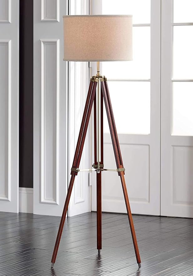 Surveyor Modern Tripod Floor Lamp Cherry Wood Beige Linen Drum Shade For Living Room Reading Bedroom Office Brown