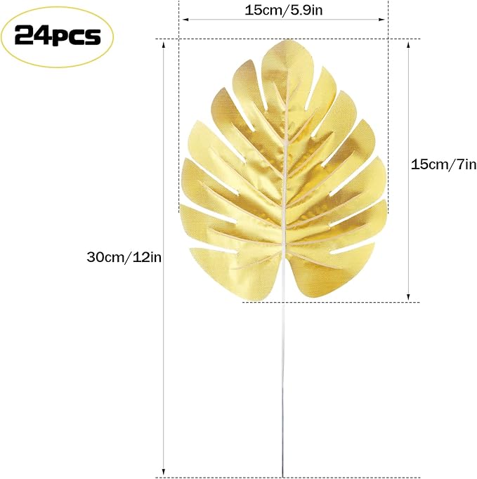 CCINEE 24PCS Golden Artificial Palm Leaves, Faux Monstera Leaves Simulation Safari Leaves with Stems for Home Hawaiian Luau Party Jungle Beach Theme Party Decoration