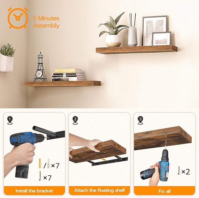 HOOBRO Floating Shelves for Wall, Wall Mounted Shelf Set of 2, 23.6" Hanging Shelf with Invisible Brackets, for Wall Decor Storage in Bathroom Bedroom Kitchen Living Room Office, Rustic Brown BF60BJ01