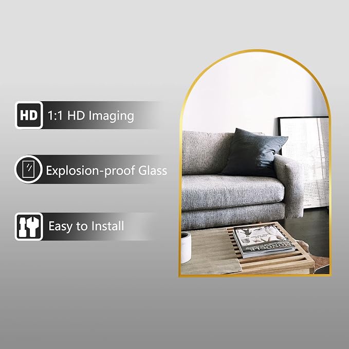 HARRITPURE Wall Mounted Mirror Arch Mirror for Bathroom,Vanity Mirror Aluminum Alloy Metal Frame Home Decor for Bathroom Bedroom Living Room Entryway (Gold-2Pcs, 24"*36")