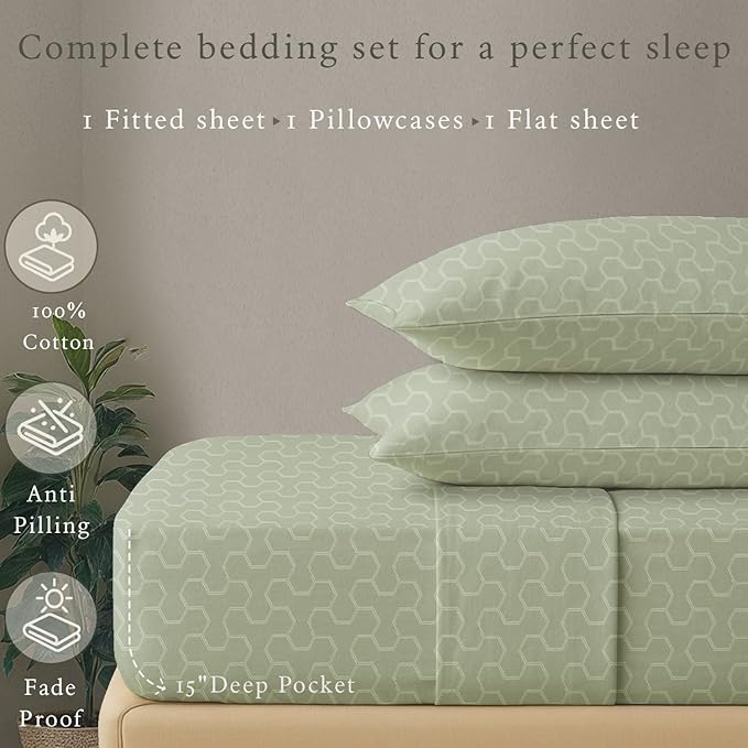 Threadmill 500 Thread Count Twin Size 3 Pc Luxury Cotton Bedding Set, Jacquard Floria Sage Green, Damask Sheets with 15" Elasticized Deep Pocket, 1 Pillowcase & Free Tote Bag