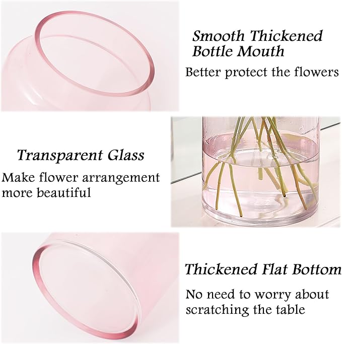 Large Glass Vase, 9 Inch Flower Vase, Glass Flower Vase for Bouquet, Wide Mouth Vase for Flowers, Pink Tall Vases, Large Vases for Home, Wedding, Living Room, Office Decor