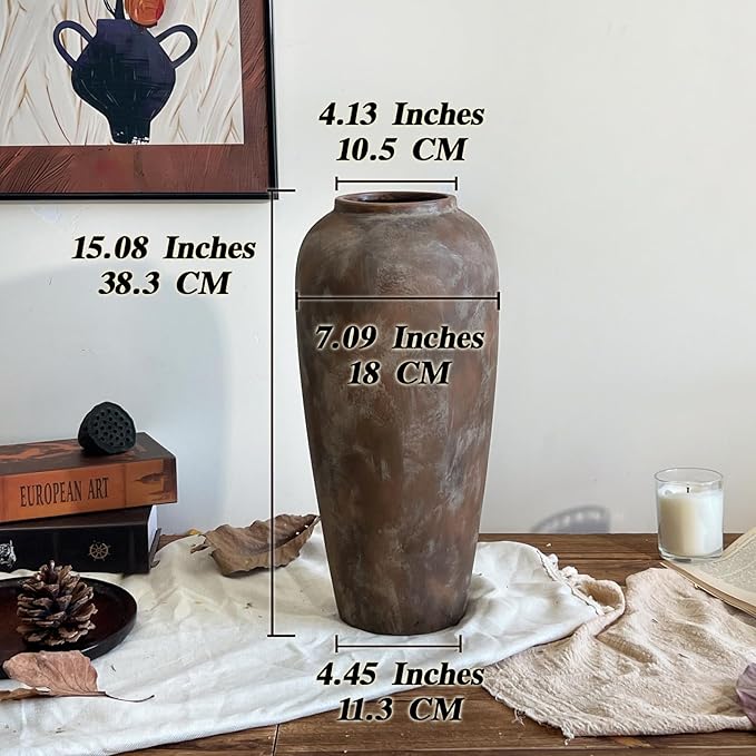 15 Inch Vintage Farmhouse Decor Ceramic Rustic Vase, Handmade Brown Flower Vases for Centerpieces, Living Room & Kitchen Shelf Decorative Pottery Vase for Home Decor
