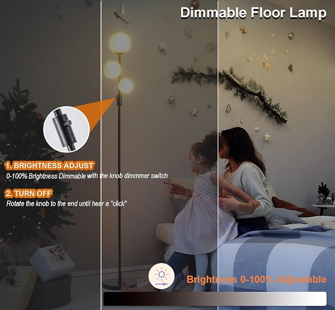 Fiqevs Upgraded Dimmable 3 Globe Mid Century Modern Floor Lamp, 3 x 3000K Warm Light LED Bulbs Included, Matt Black Standing Lamp with Sphere Glass Shade, Vintage Tall Lamp for Living Room, Bedroom