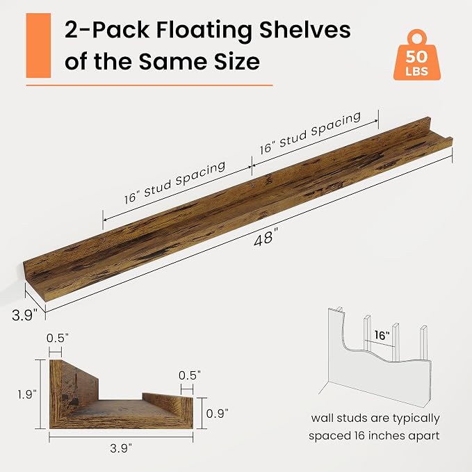 RICHFOCUS Picture Ledge Shelf, 48 inch Floating Shelves Set of 2, Wood Wall Shelves with Lip, Wall Decor Storage for Bedroom Living Room Bathroom Kitchen Nursery Photo Picture, Rustic Brown