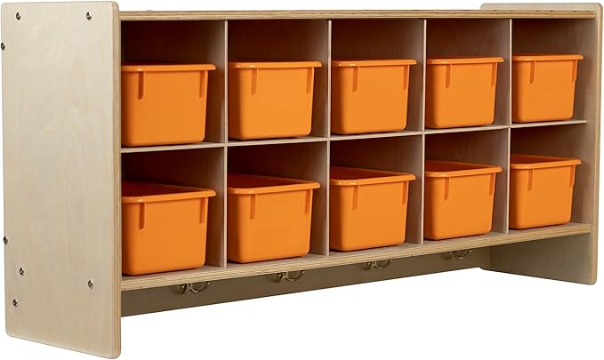 Cubby Storage Organizer Cubes, 10 Cubbies with Coat Hooks, Orange Plastic Bins, Hanging Wall Mount Cube Storage, Furniture for Kids Toys, Daycare, Classroom