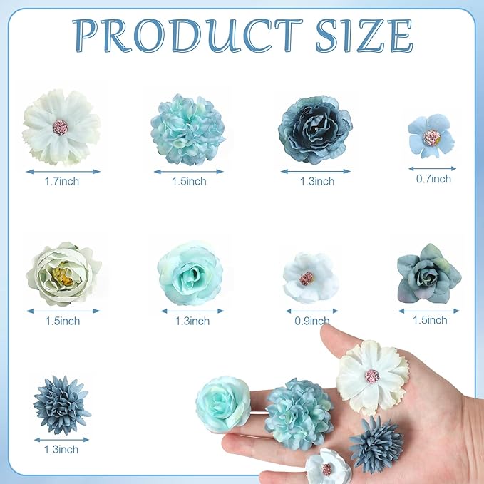 Faux Flower Heads Mini Blue Artificial Flower Heads Fake Peony Daisy Rose Flowers Multicolor Small Silk Daisy Flower Heads for Craft Garland Wedding Party DIY Home Decoration,2-4 cm