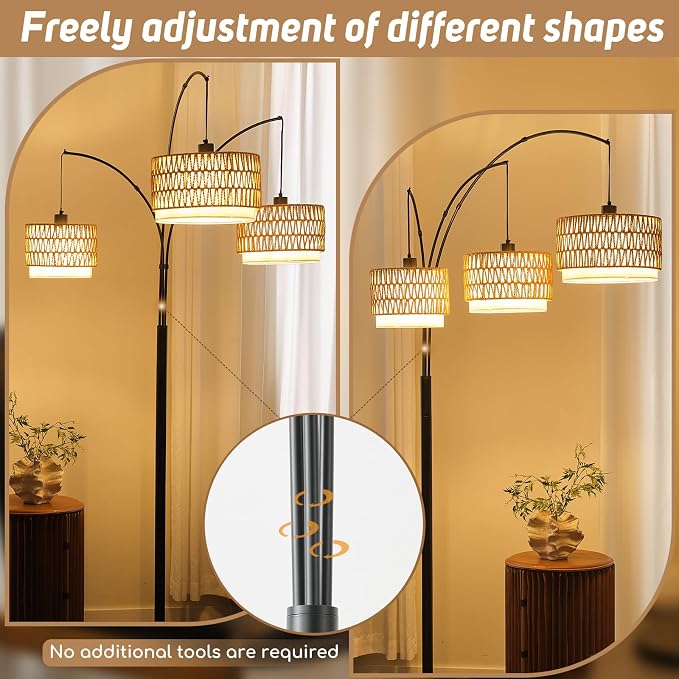 Arc Floor Lamp for Living Room, 80 Inch Rattan Floor Lamp with Rotary Switch, 3 Lights Boho Tall Lamp with Wicker Shade for Coastal,Bohemian,Tree Farmhouse Standing Lamp