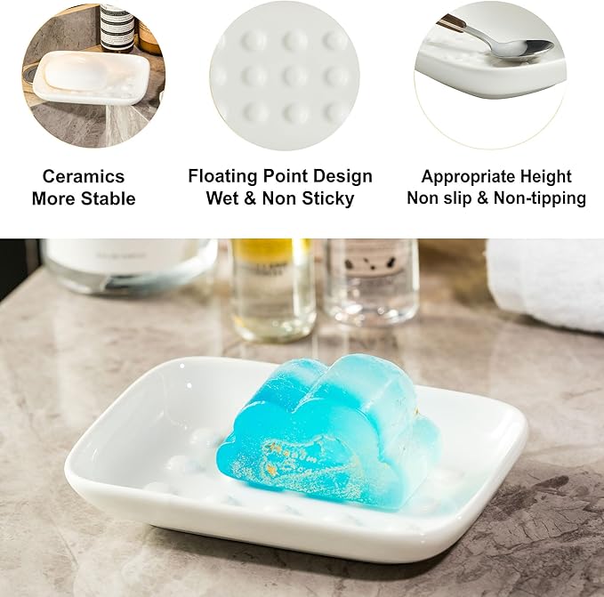 Miamolo Soap Dish, Ceramic Soap Holder Shower Soap Dish for Bar Soap Sponge, Soap Saver Tray for Bathroom Kitchen Sink, White (Pack of 2)