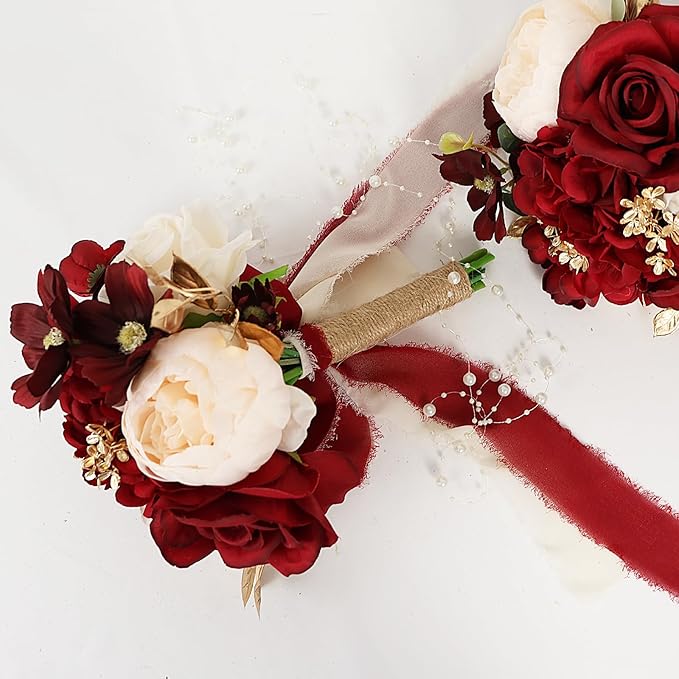Bridesmaid Bouquets for Wedding, 9 Inch Luxury Artificial Flowers Bouquets for Ceremony Anniversary Centerpieces Decorations -Burgundy & Gold & White