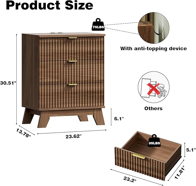 Fluted Nightstand with Charging Station, 24" Wide Bedside Table with 3 Large Storage Drawers, Modern Wood Side Table Night Stand, End Table Small Dresser for Bedroom, Living Room, Dorm, Walnut