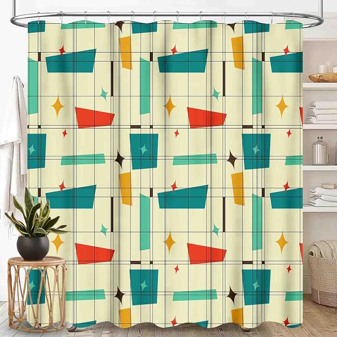 Geometric Shower Curtain for Bathroom, Pastel Mid Century Modern Abstract Geo Print Patterned Retro Style Teal Turquoise Waterproof Fabric Shower Curtain Set with Hooks, 72"x78" Inch